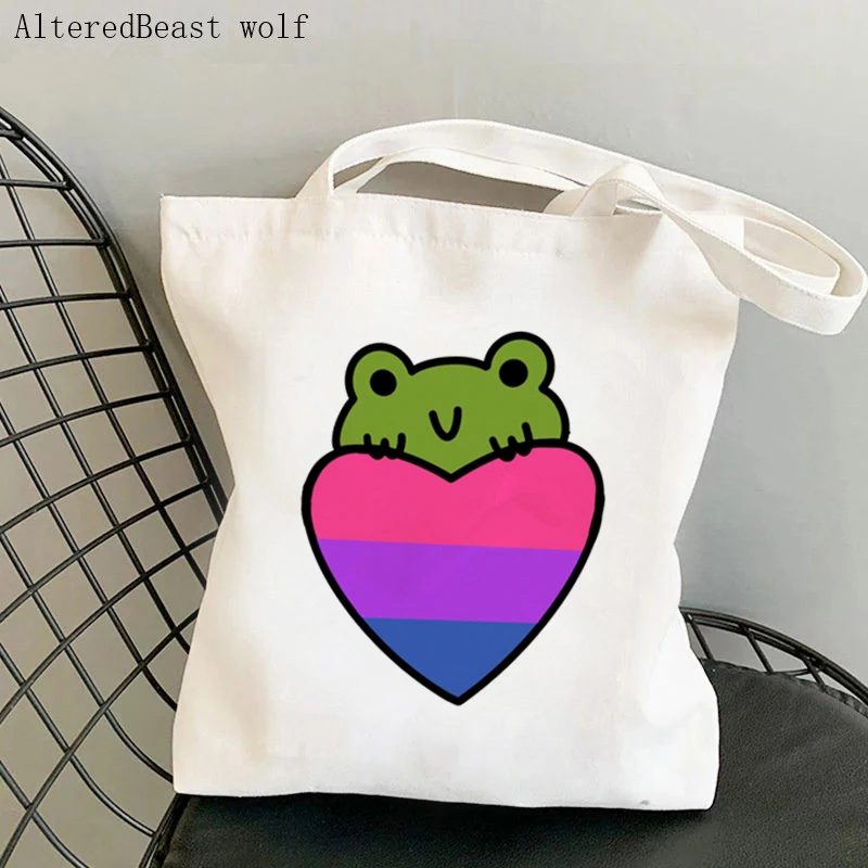 

Women Shopper bag Love Pride Frogs Bisexual Flag Bag Harajuku Shopping Canvas Shopper Bag girl handbag Tote Shoulder Lady Bag