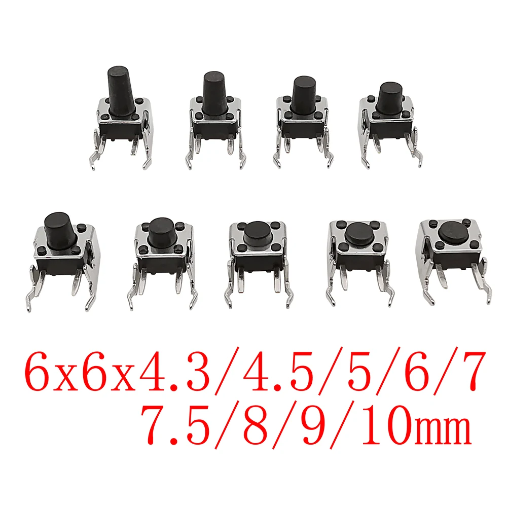 20Pcs 6x6mm Panel PCB Momentary Tactile Tact Push Button Switch Right Angle With Stent 6x6x4.3/4.5/5/6/7/7.5/8/9/10mm Switch