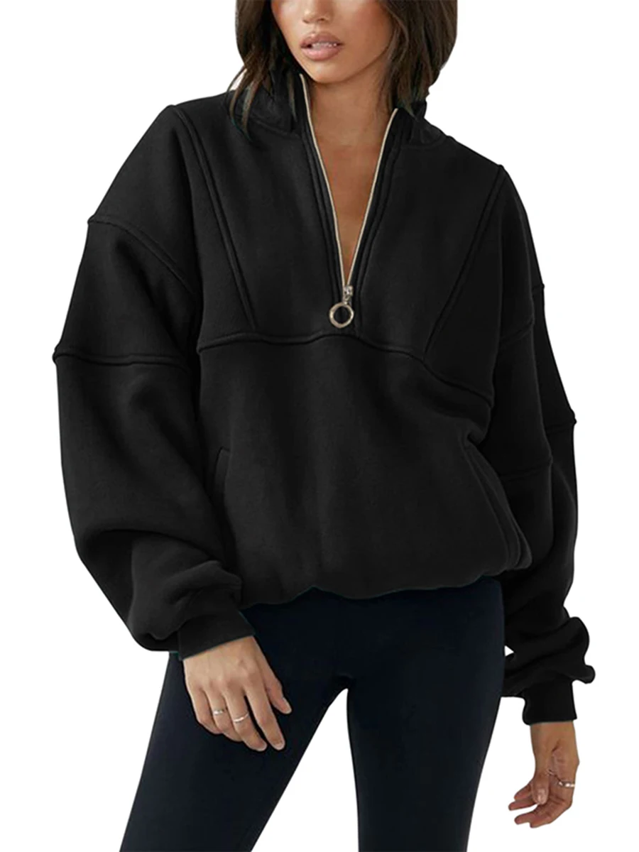 

Women s Half Zip Up Fleece Lined Hoodies Long Sleeve Crop Sweater Tops Pullover Workout Sweatshirt with Thumb Hole
