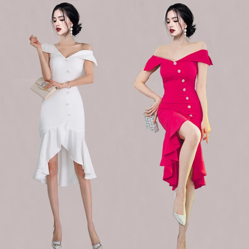 

Весенне-осеннее Новое корейское модное пикантное женское платье с V-образным вырезом и открытыми плечами нестандартного дизайна с оборками платья