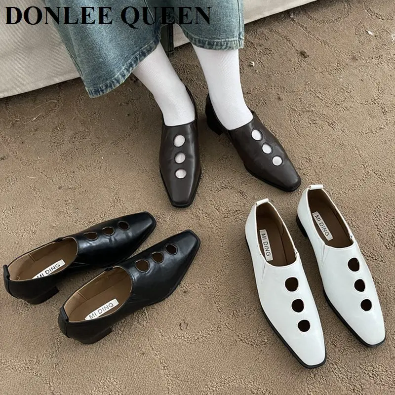 

Women Flats Shoes 2022 New England Style Fashion Vintage Circle Design Flat Heel Square Toe Loafer Casual Ballet Female Moccasin