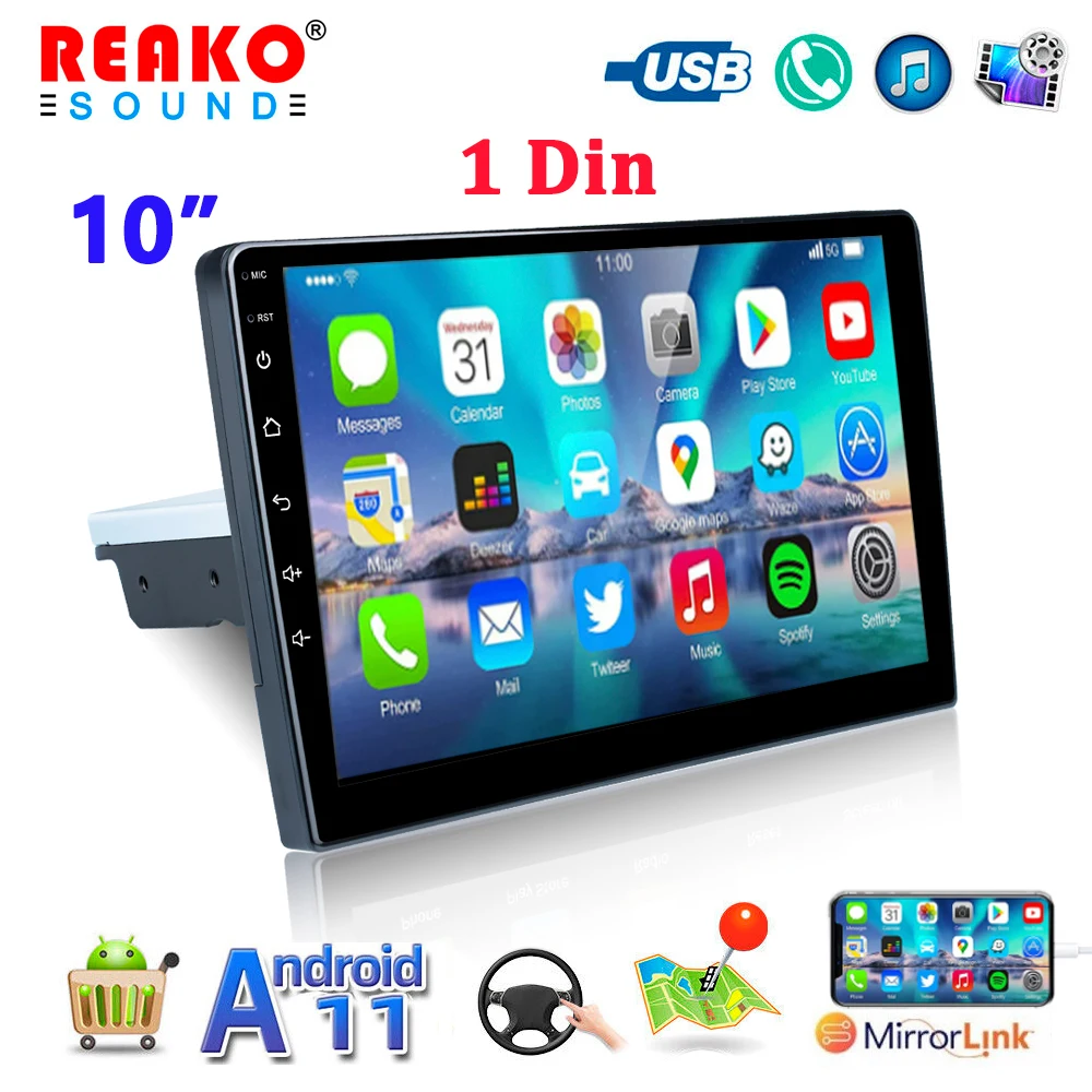 

REAKO 1 Din 10.1'' Andriod 11 Car Multimedia Player GPS Navigation Bluetooth Wifi USB FM MirrorLink HD Car Audio Radio