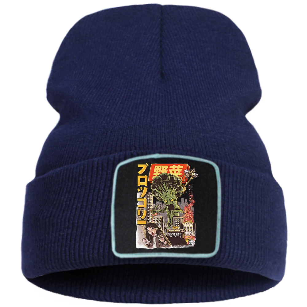 

Шапки японские сумасшедшие дикие Модные вязаные шапки с принтом овощей женские плотные теплые мужские зимние шапки однотонная простая шап...