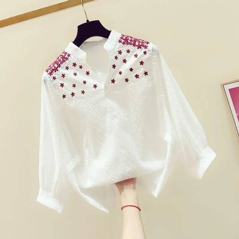 Женская модная Простая Повседневная рубашка с вышивкой свободная блузка