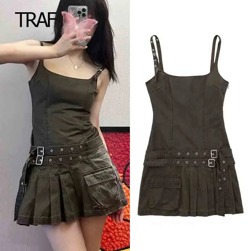 

TRAF Waxed Pleated Slip Short Dress Women Summer 2023 Sleeveless O-Neck Belt Straps Female Mini Dress Korean Sexy Short Dress
