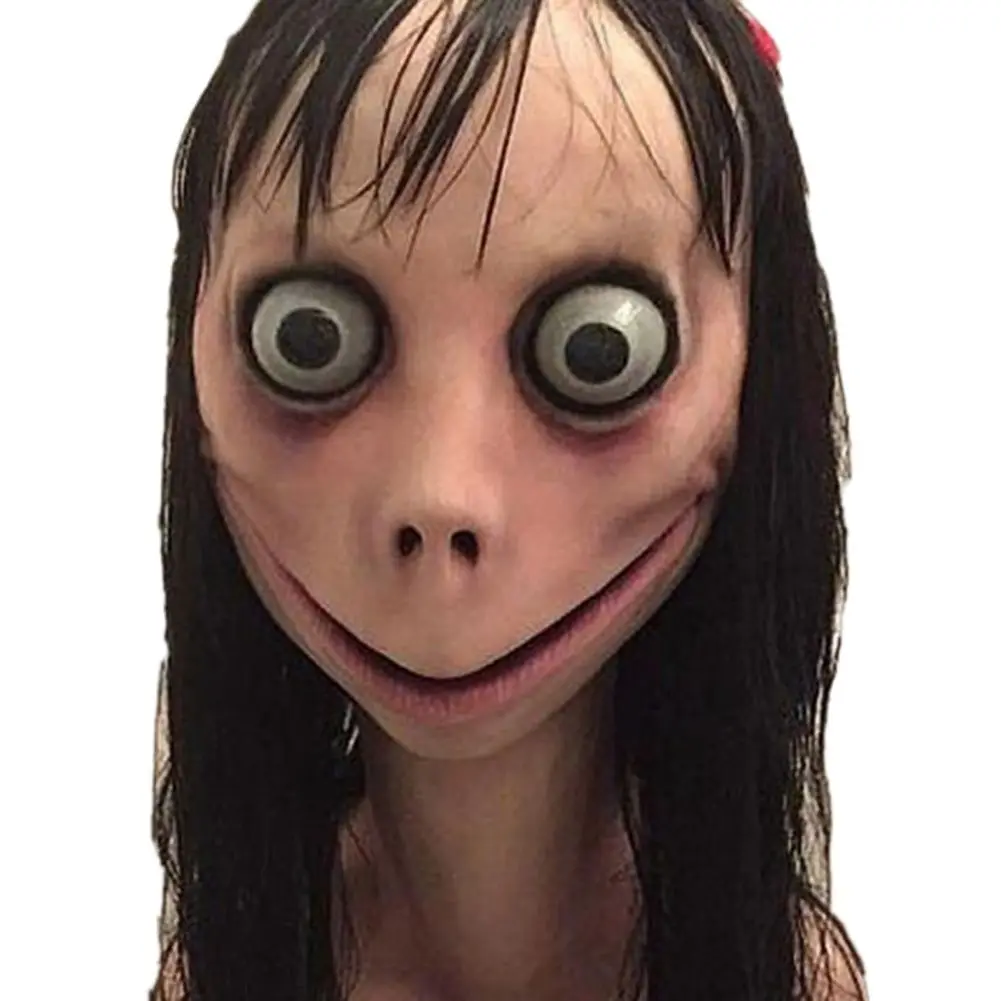 

Full head scary Momo latex mask, hacking game, horror mask, big eye with long wigs, mask suit, Halloween, Christmas party props