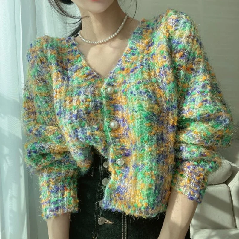 

South Korea chic autumn aging single-breasted rainbow candy mixed color knitting V-neck cardigan sweater coat female wholesale