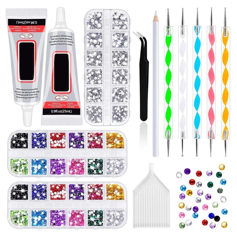 

Nail Art Rhinestones Set with Tweezers Picker Pen Glues Tray for Nail Art DIY