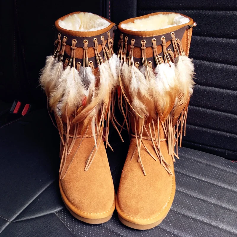 

Tassel feather winter warm boots with fleece classic hand custom mid-calf boots women's 35-40