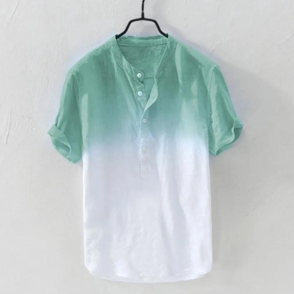 Мужская летняя рубашка с воротником-стойкой и коротким рукавом