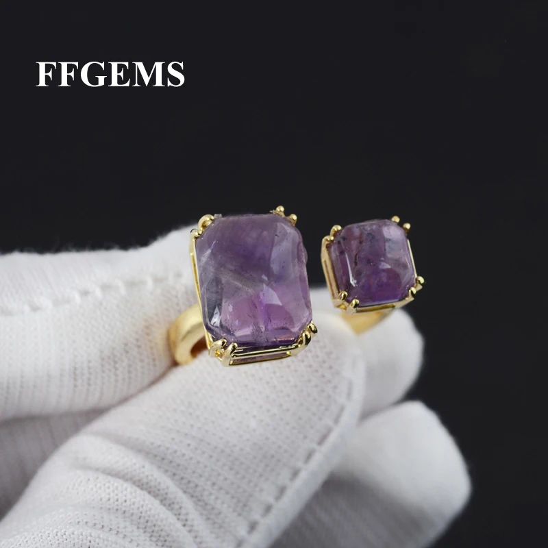 

FFGems Natural Big Gemstone Open Simple Ring Gold Color Rose Quartz Amethyst Green Jade Women Fine Jewelry Party Wedding Gift