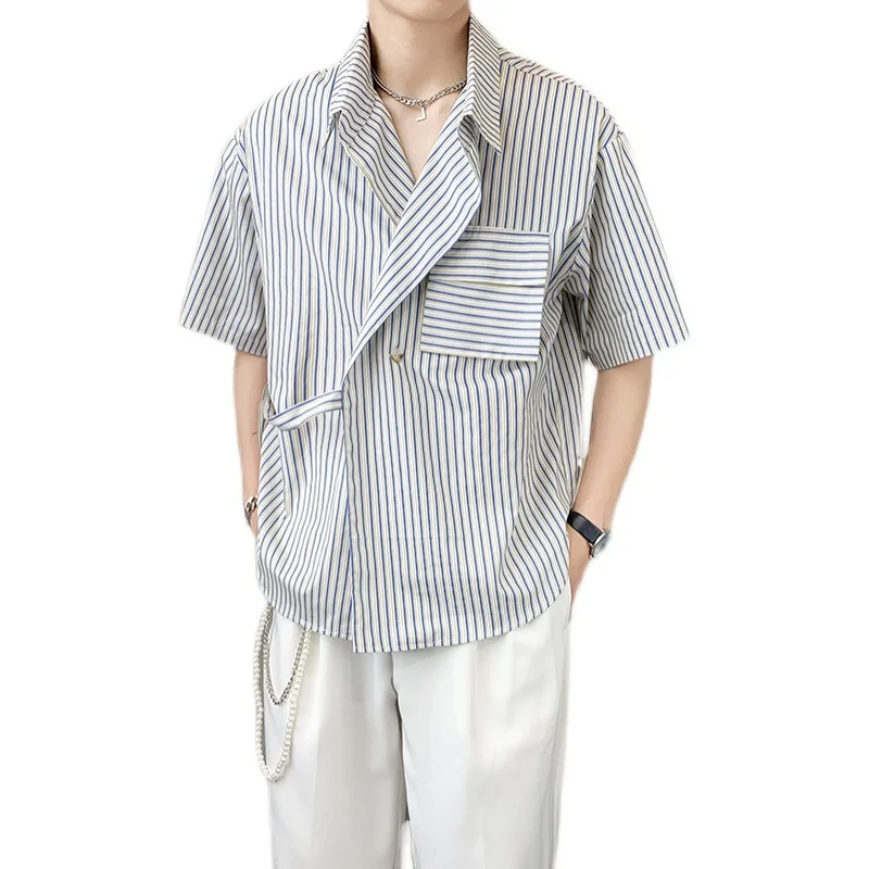 Summer Short Sleeve Shirts Men Fashion Society Mens Dress Shirts Korean Loose Pocket Casual Shirts Mens Striped Shirts M-2XL