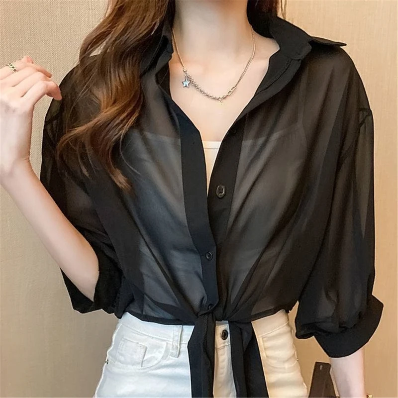 

Women Sun Protection Tops Shirt Lapel Batwing Sleeve Buttons Up Summer Casual Blouse Cardigan for Daily Work Shopping