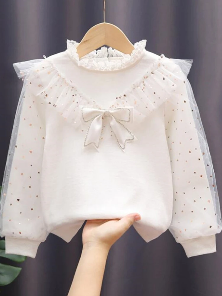 

White Bow Lace Long Sleeve Shirts Kids Pullover Tops Children Clothes 3-12 Years Spring Autumn Toddler Teen Girls Cotton Blouse