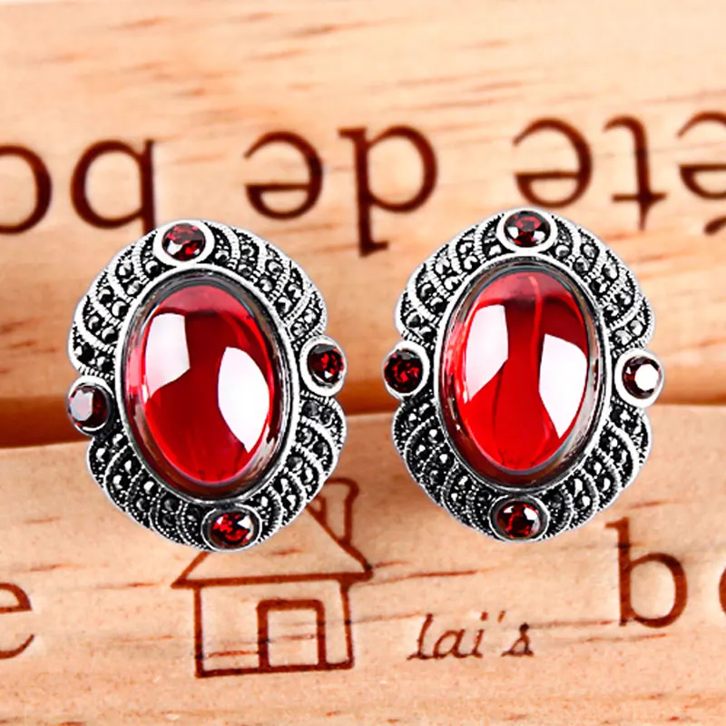 

ZHJIASHUN Garnet Natural Vintage 100% 925 Sterling Silver Clip Earrings For Women Retro Gemstone Ruby Jewelry