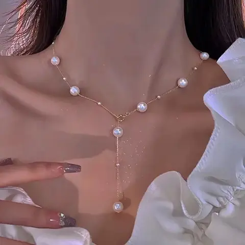Ожерелье женское с жемчужинами, соблазнительная цепочка на шею бикини, кулон с имитацией жемчуга до ключицы, простая элегантная бижутерия