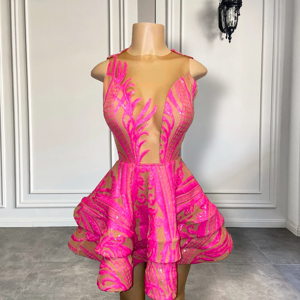 

Милое прозрачное короткое платье для выпускного вечера с круглым вырезом и блестками, ярко-розового и черного цвета, 2022