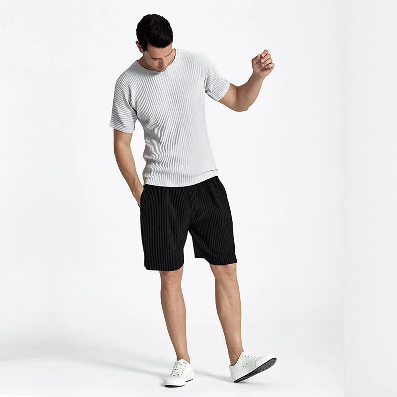 

2023 Pleated Men's Summer Solid Color T-shirt Fashion Comfortable Casual Business Simple Boutique Men's Wear