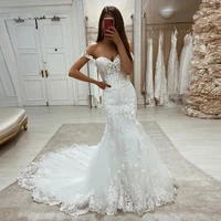 angelsbridep mermaid wedding dresses lace appliques tulle bridal gowns with train sweetheart spaghetti straps vintage gowns