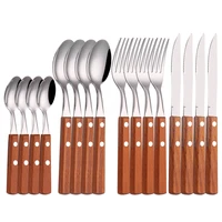 western wooden handle cutlery set 16 pcs stainless steel dinnerware set kitchen fork knive spoon tableware set dishwasher safe