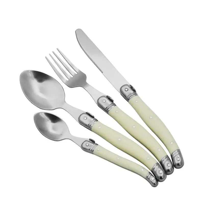 4pcs Laguiole Silverware Ivory White Steak Knives Forks Spoon Teaspoon Mirror Polish Stainless Steel Cutlery Set Plastic Handle