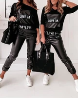 2022 femme casual long sleeve one shoulder top pu leather pants set ladies outfit spring autumn womens letter print suit set