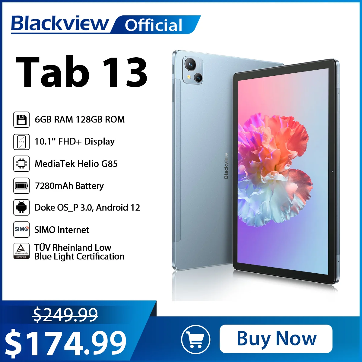 Планшет Blackview Tab 13 Helio G85 Octa core 6 ГБ + 128 Планшеты Pad 7280 мАч android 12 10 1 'ɿHD дисплей МП