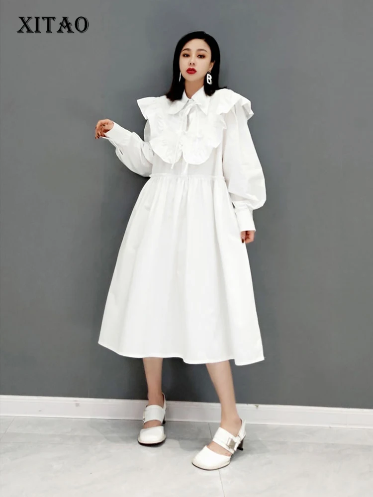 

XITAO Fashion Solid Color Dresses Casual Korea Sweet Shawl Turn-down Collar Folds Simplicity Dress Two Pieces Women ZSY0018