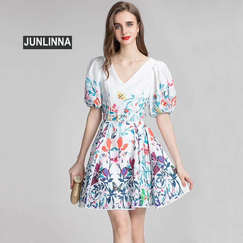 

JUNLINNA Designer Women Dresses 2022 Summer New V Neck Short Sleeve Flower Printing Above Knee Vestidos Sashes Sliming Elegant