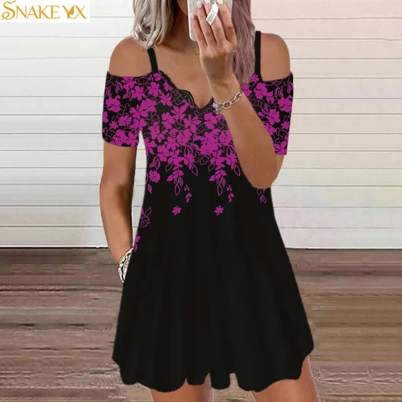 

SNAKE YX 2022 Summer Women's Floral Print Short Sleeve Casual V-Neck Dress Loose Plus Size Soft and Comfortable Dress S-5XL