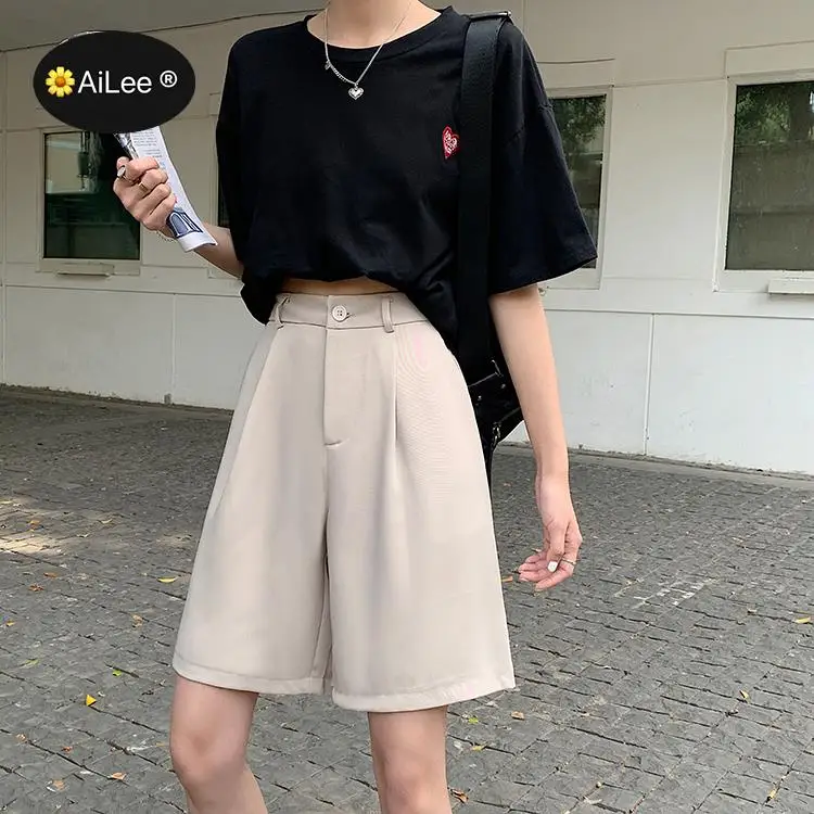 Summer Suit Shorts Women Loose High Waist Fashion Casual Drape Feeling Japan Harajuku Wide Leg Straight Street Girls Shorts