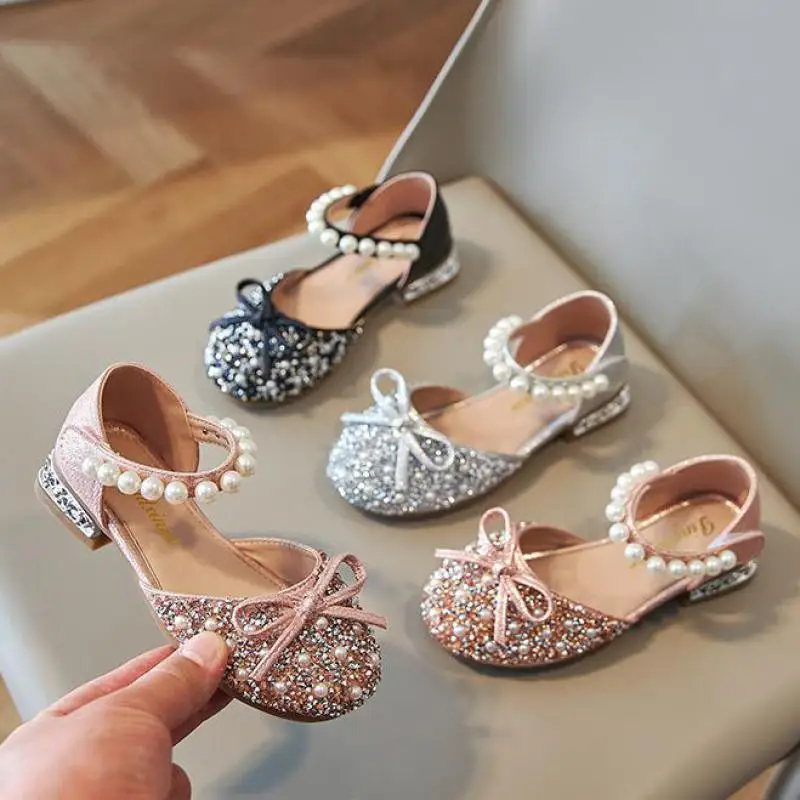 

Little Girl's Shiny Pearl Rhinestone Soft Sole Princess Elsa Crystal Shoes for Children Breathable Shallow Mouth Leather Shoes