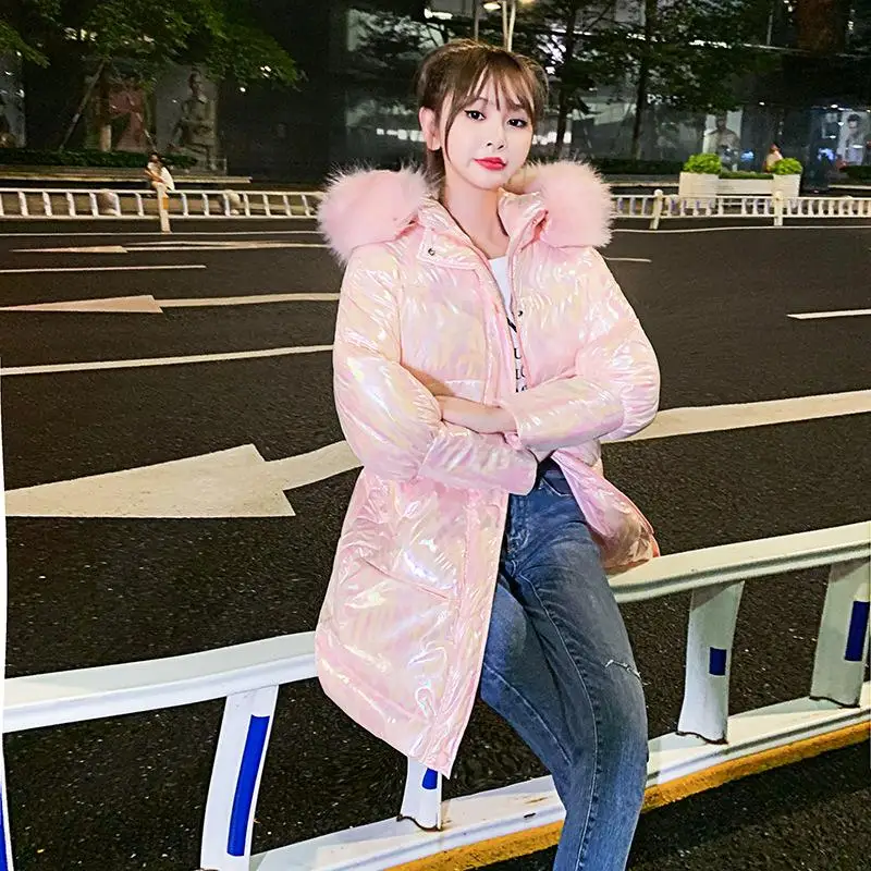 Women 2023 Bright Face Fashion Medium and Long Bread Clothes Cotton Padded Thickening Jackets Winter Korean Hooded Loose Coats