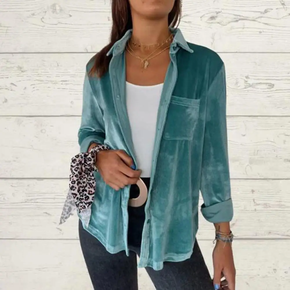 w jednolitym kolorze damska bluzka elegancka z klapami długim rękawem naszytą kieszenią jednokolorowa koszula topy jednorzędowe