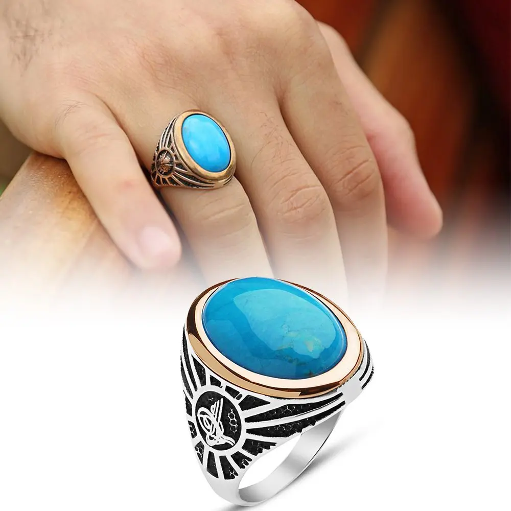 

Tuğra Inlaid Turquoise Gemstone 925 Sterling Silver Men 'S Ring