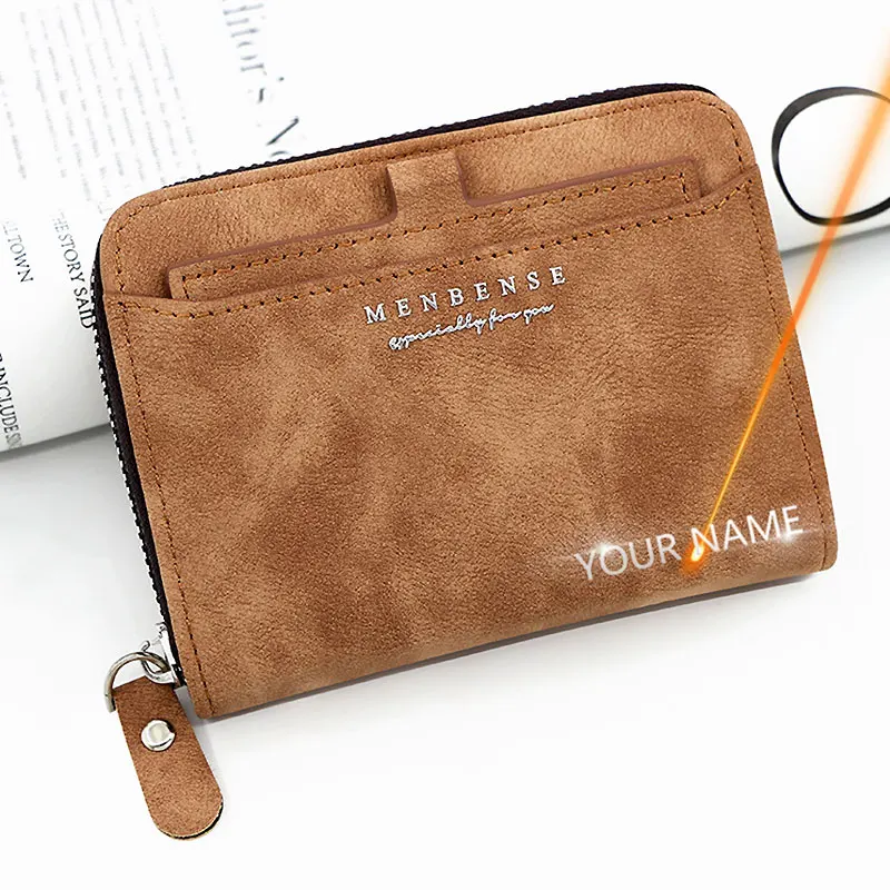 

New Zipper Coin Pocket Short Men Wallets Small Card Holder Name Print Male Wallet Photo Holder PU Leather Frosted Men's Purses