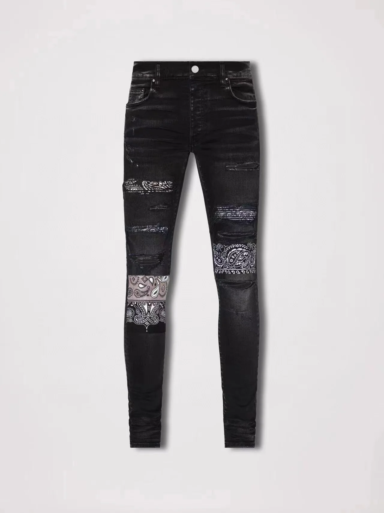 

Washed Black Jeans Hole Destruction Do Old Patches Cashew Flower Color Contrast Slim Small Feet Casual Jeans Man