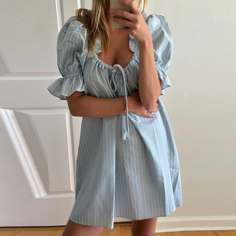 Женское мини-платье Y2K с короткими рукавами-фонариками винтажное боди квадратным