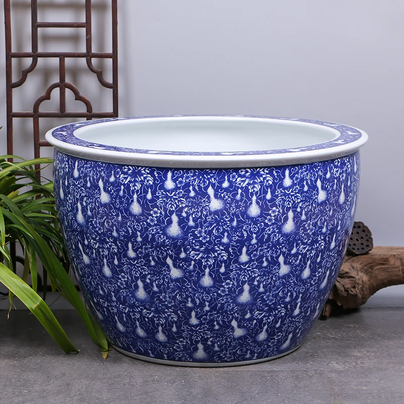 

Navy Blue and White Planter Gourd Print Pottery Planters for Indoor Plants 10 Inch Fish Bowl Decor Chinese Planters Flower Pots