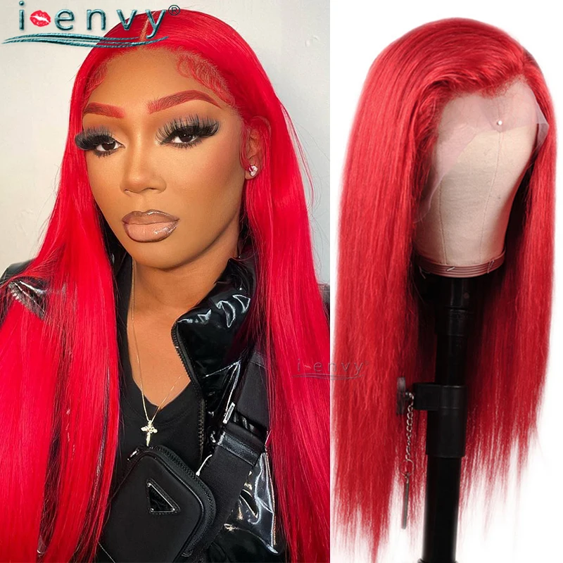 Hot Red Lace Front Human Hair Wigs Pre-Pluck Indian Burgundy Lace Front Wig 13X4 Straight Lace Frontal Wig Transparent Lace Wig