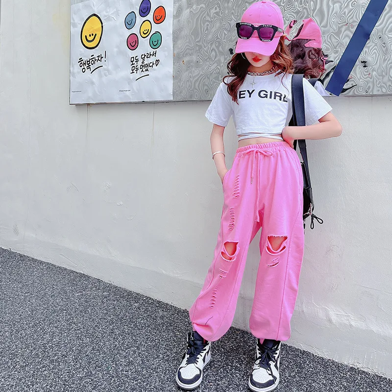 

Kids Tracksuits Summer Girls 2 Pcs Set Toddler Crop Top Or Pants For Baby Children Streetwear Clothes Bandage Hole Cotton 4-13Y