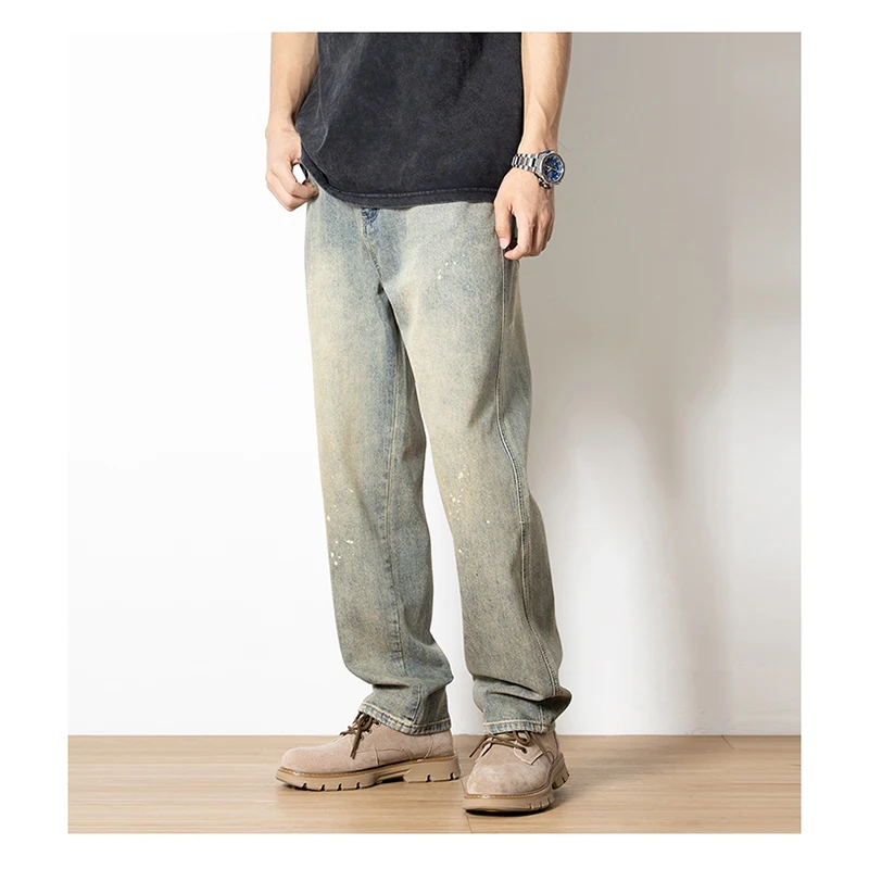 

2023 Spring/Summer New Straight Leg Jeans Men's Loose Speckled Ink Swirl Dot Wash Old Yellow Mud Dyed Pants