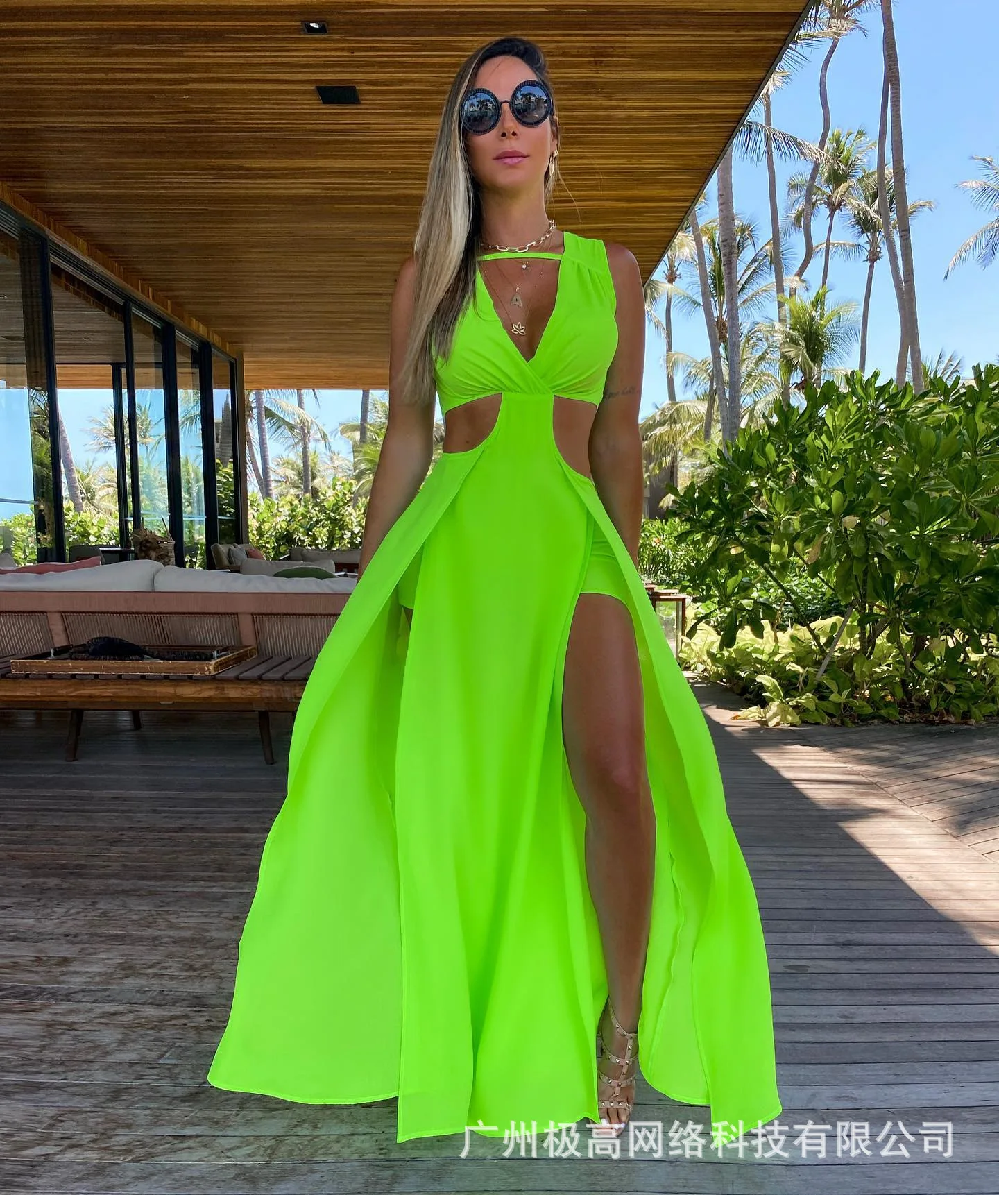 

Cutout Sleeveless Thigh Slit Maxi Dress Women Long Loose Hollow Out Solid Color Spring Summer Long High Waist Dress V Neck