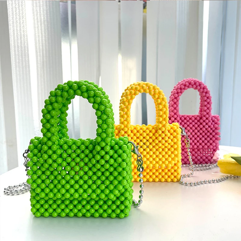 

Hand Woven Round Beaded Mini Handbag for Women Long Chain Shoulder Strap Summer Beach Bolsos Para Mujer Crossbody Bags Put Candy