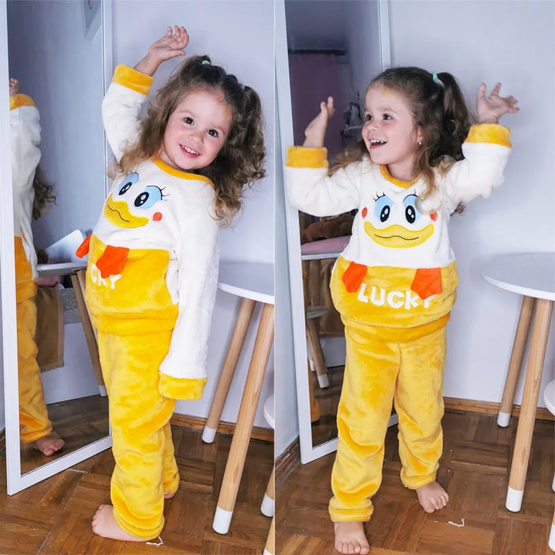 Kids Flannel Pajamas Autumn Winter Warm Round Neck Cartoon Pyjamas Boys Girls Nightgowns Children Sleepwear Long Clothing Suit