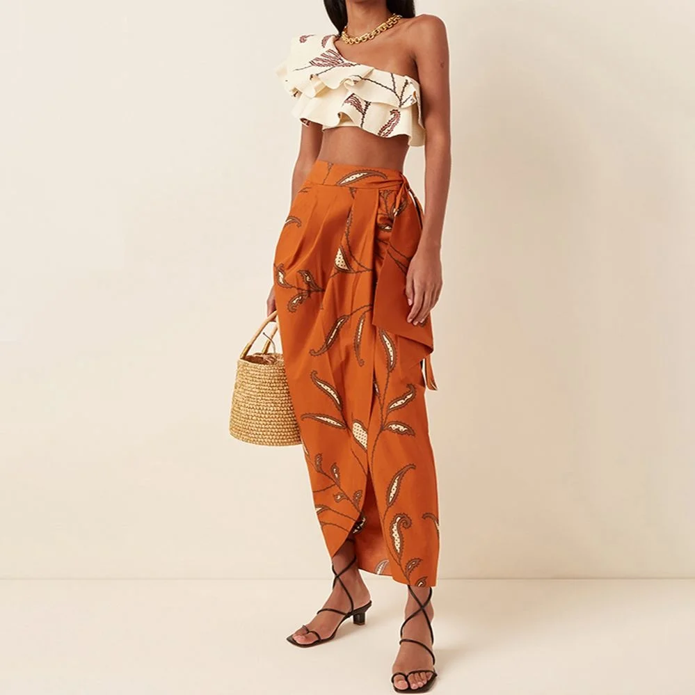 

Купальник на одно плечо, модное бежевое бикини с рюшами и принтом, купальник с высокой талией, пляжный купальный костюм