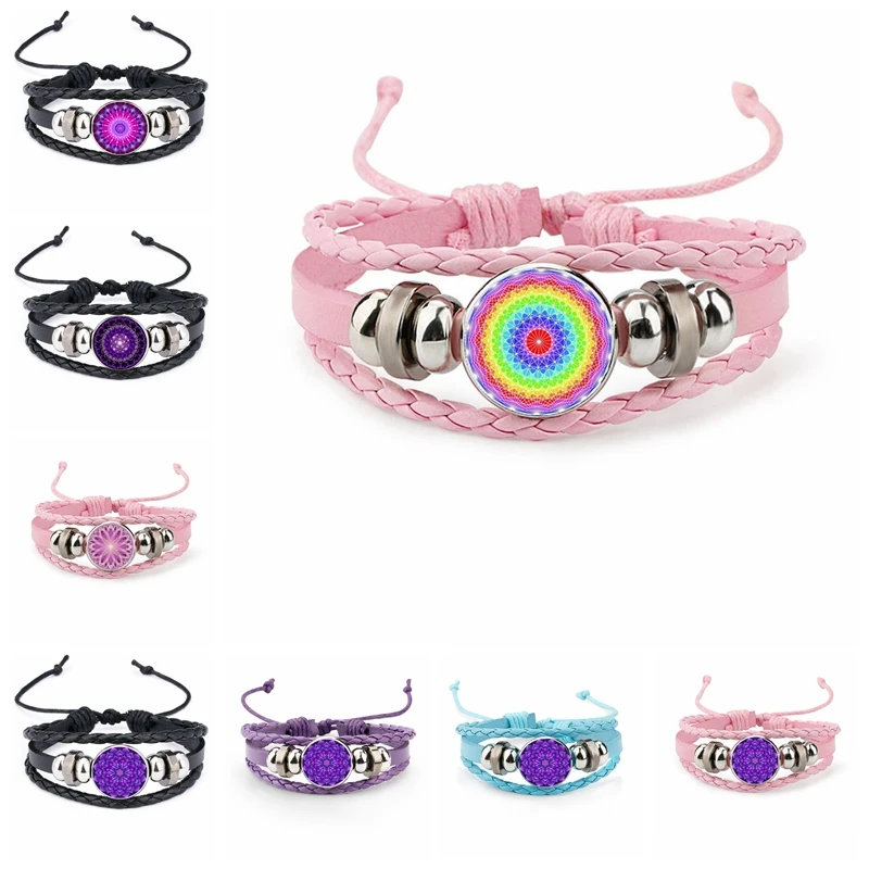 

Hip Hop Style Fashion 18mm Glass Cabochon Snap Leather Bracelet Mandala Pattern Bracelet Men and Women Gift Jewelry
