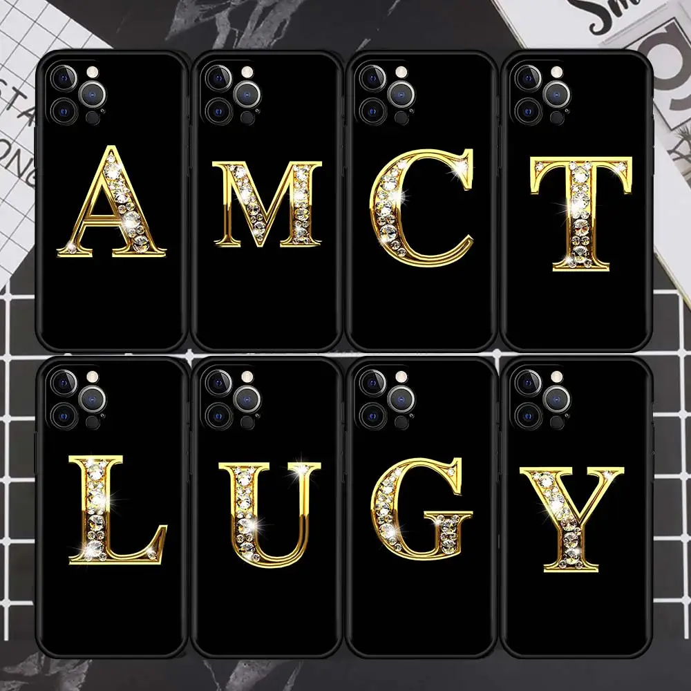 Letter Alphabet Case For Apple iPhone 11 13 12 Pro 7 XR X XS Max 8 6 6S Plus 5 5S SE 2020 13Pro Black Phone Cover Capa