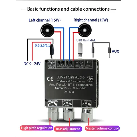 XY-T30L Модуль стереоусилителя Bluetooth-совместимый стерео 5.1 2.0 30 Вт*2 двухканальный с регулировкой высоких и низких басов