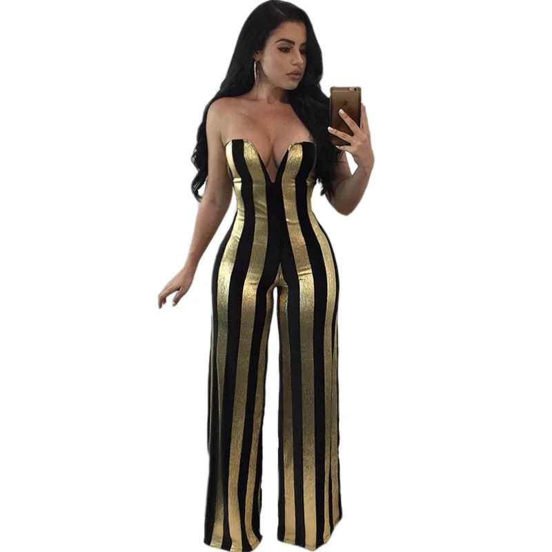 

Women Dressy Strapless Jumpsuit Sexy V-Neck High Waist Black Gold Striped Print Wide Leg Pants Romper Party Formal Jumpsuits